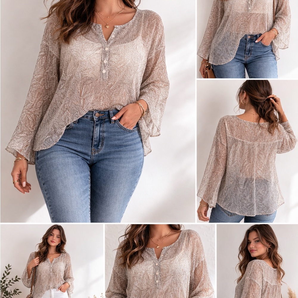 Apostrophe Sheer Layering Leaf Pattern Half Button Blouse in Brown &‎ Tan 24W - Picture 2 of 8